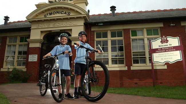 Savannah and Levi from St Monica's Primary School can’t wait for Ride2School day. Picture: Hamish Blair