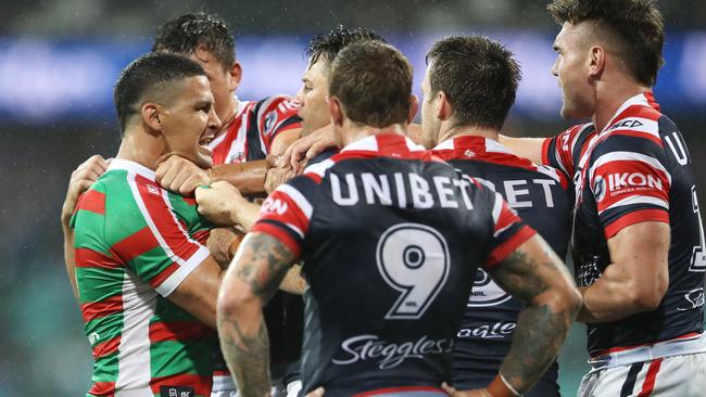 SYDNEY, AUSTRALIA - MARCH 15: Cody Walker of the Rabbitohs scuffles with the Roosters players during the round one NRL match between the Sydney Roosters and the South Sydney Rabbitohs at Sydney Cricket Ground on March 15, 2019 in Sydney, Australia. (Photo by Mark Kolbe/Getty Images)