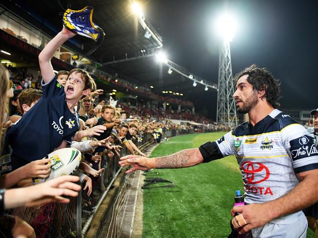 North Queensland Cowboys Johnathan Thurston give his headgear to a young fan Cohen Jarrett,9 who made his way up from Katherine with his family to see his star, JT, following the Cowboys win over the Parramatta Eels at TIO on Saturday night.Picture: Justin Kennedy