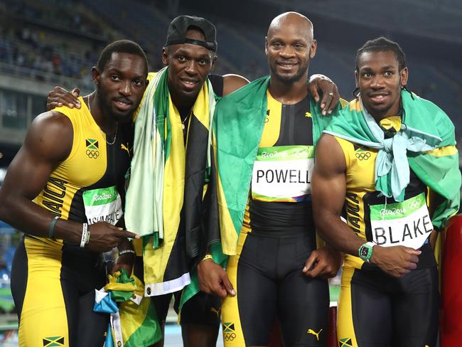 Usain Bolt with Jamaica’s winning 4x100m relay team.