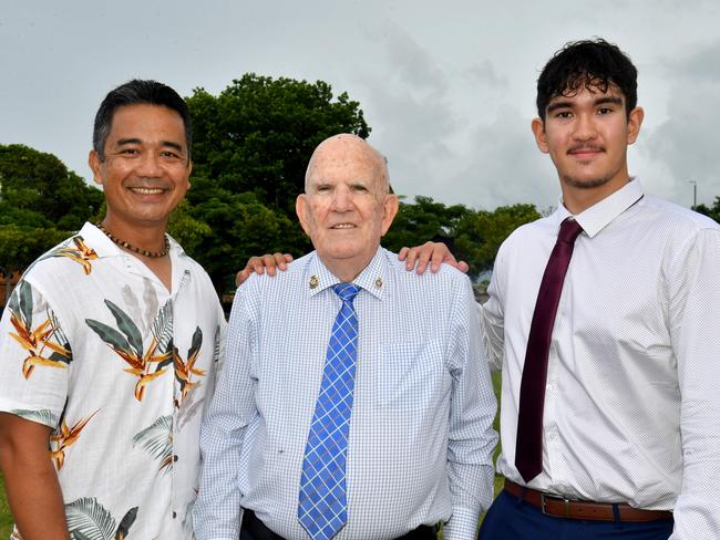 Australia Day at Jezzine Barracks, Townsville. Townsville City Council Australia Day Awards. Arts and Culture winner Alex Salvador, Senior Citizen of the Year Edmund (Ted) Mildren and Young Citizen of the Year Ethan Cavanagh.  Picture: Evan Morgan