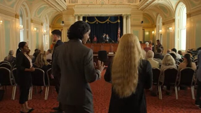 The Legislative Council Chamber in Queensland Parliament House was used for a scene in Joe vs Carole where Carole Baskin gives a testimony to U.S. Congress. Picture: YouTube / Peacock