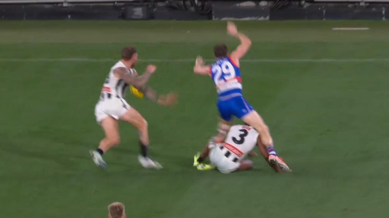 Isaac Quaynor slides into Lachie Bramble's legs. Photo: Fox Sports.