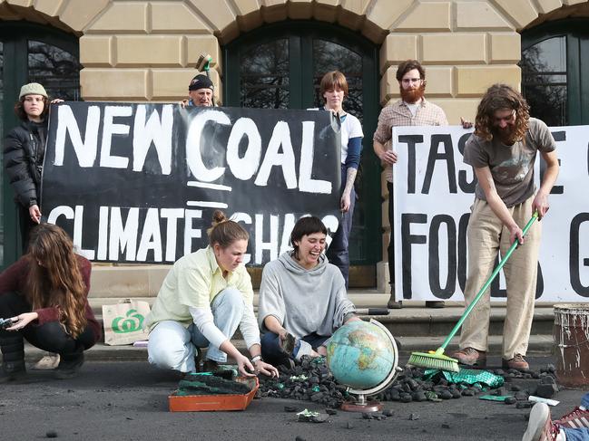 Members of Grassroots Action Network Tasmania out the front of parliament house in Hobart in response to a planned coal mine near Fingal.  Picture: Nikki Davis-Jones