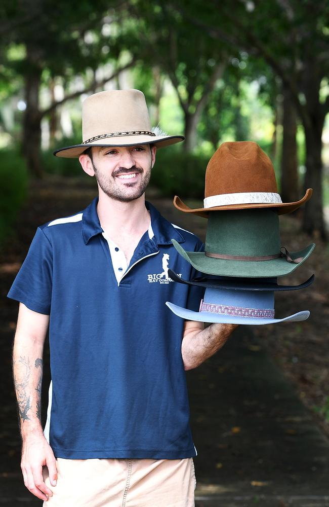 Liam Ervine with his custom made hats. Picture: Shae Beplate.