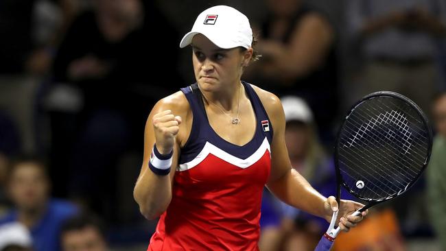 Ash Barty celebreates after edging Karolina Muchova, her rival in an Australian Open quarterfinal on Wednesday, in New York in 2018 Picture: Getty Images