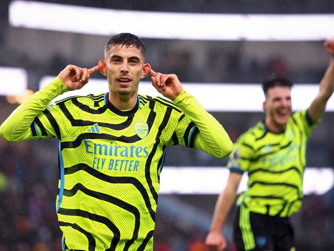 BURNLEY, ENGLAND - FEBRUARY 17: Kai Havertz of Arsenal celebrates during the Premier League match between Burnley FC and Arsenal FC at Turf Moor on February 17, 2024 in Burnley, England. (Photo by Marc Atkins/Getty Images)