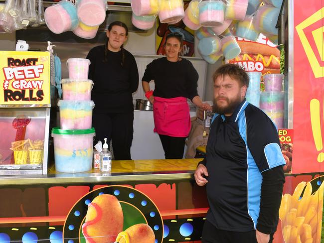 Attendees enjoying the 159th Sale Agricultural Show at the Sale Showgrounds on Friday, November 01, 2024: Billie Spokes, Emily Murphy and Ryan Parker-Puffin. Picture: Jack Colantuono