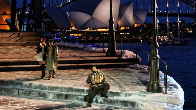 A wintry touch of Paris comes to Sydney Harbour for the Handa Opera production of La Bohème. Picture: Prudence Upton