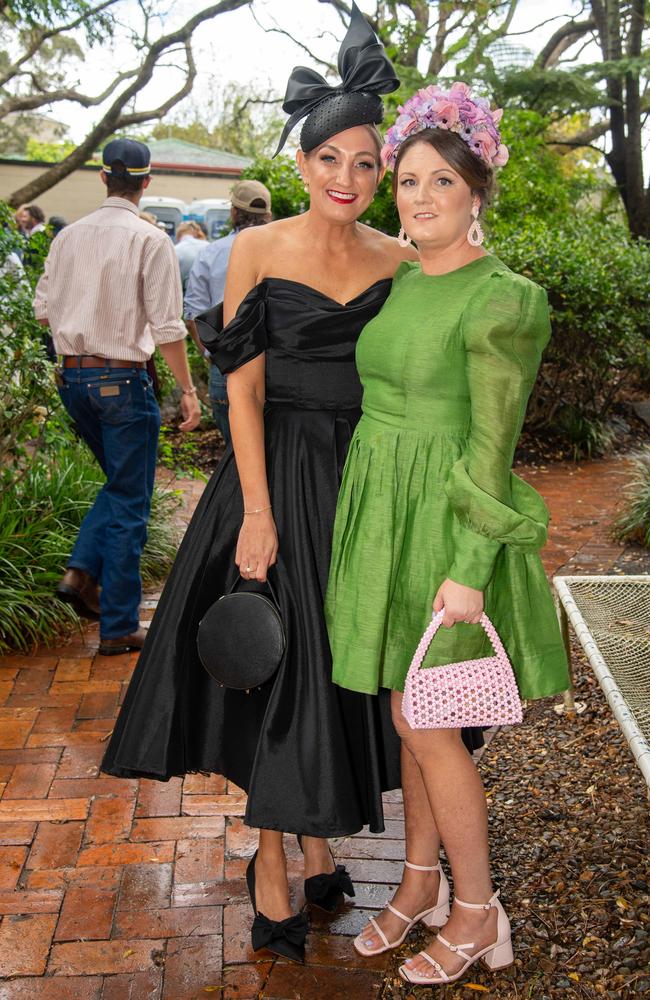 (From left) Liz Woodham and Rebecca Cahill. Weetwood Raceday at Toowoomba Turf Club. Saturday, September 28, 2024. Picture: Nev Madsen.