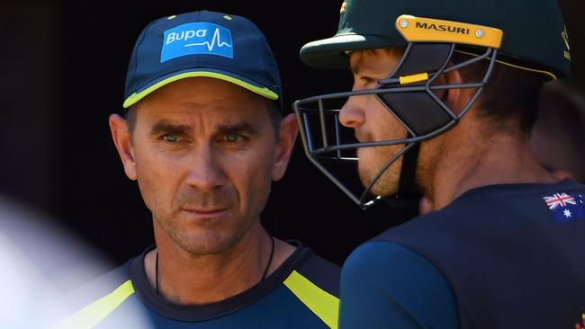 Australia's cricket coach Justin Langer with captain Tim Paine. Picture: AFP