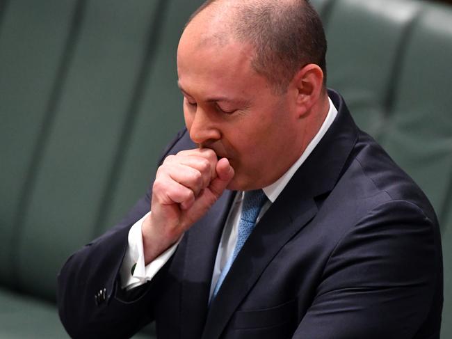 Treasurer Josh Frydenberg has a coughing fit as he makes a ministerial statement to the House of Representatives at Parliament House in Canberra, Tuesday, May 12, 2020. (AAP Image/Mick Tsikas) NO ARCHIVING