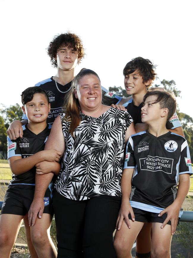 Kathryn Torrisheba with her four sons from left Zebastian, 9, Caleb, 15, Rhys, 13, and Kori, 11. Picture: Jonathan Ng