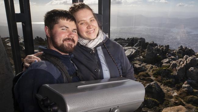 Adrian and Ally Della Franca of Perth, Western Australia at the Pinnacle lookout kunanyi/ Mount Wellington. Picture: Chris Kidd