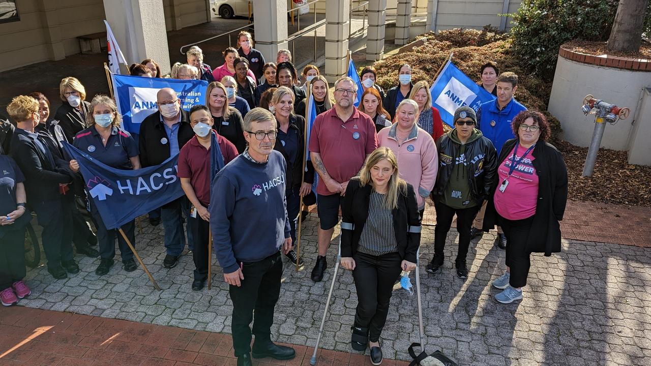 HACSU Tasmania assistant secretary Lucas Digney and ANMF Tasmania secretary Emily Shepherd at stop-work action at Launceston General Hospital on May 29, 2023. Picture: Alex Treacy