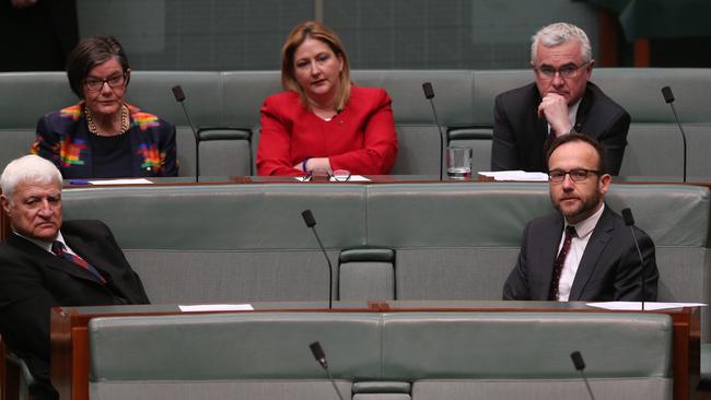 Crossbenchers Bob Katter, Cathy McGowan, Rebekha Sharkie, Andrew Wilkie and Adam Bandt in 2019. Picture: Kym Smith