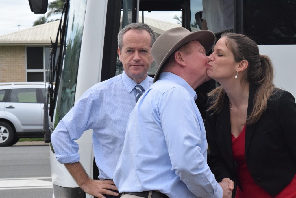 Leader of the Opposition Bill Shorten looks on as Labor Candidate for Dawson Frank Gilbert meets Shadow Minister for Education Kate Ellis. Photo: Emily Smith