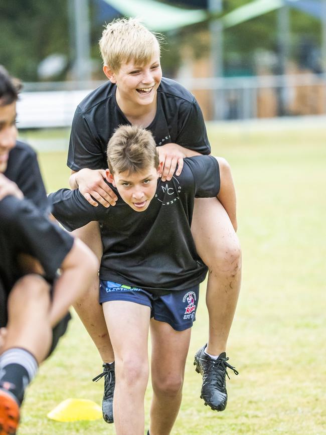 Jamie Lennard and Riley Horn from Brighton Roosters at the Michael Crocker Academy at Purtell Park. Picture: Richard Walker