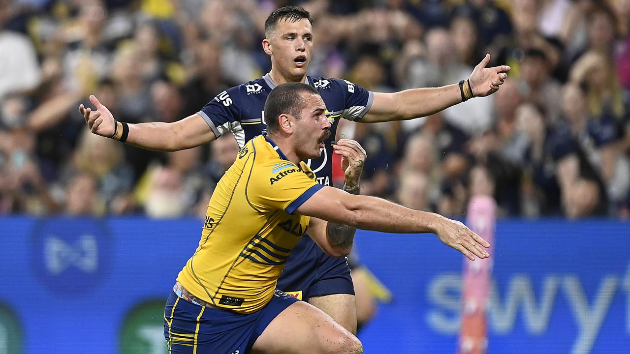 Eels prop Reagan Campbell-Gillard scored two tries in Parramatta’s win. Picture: Ian Hitchcock/Getty Images