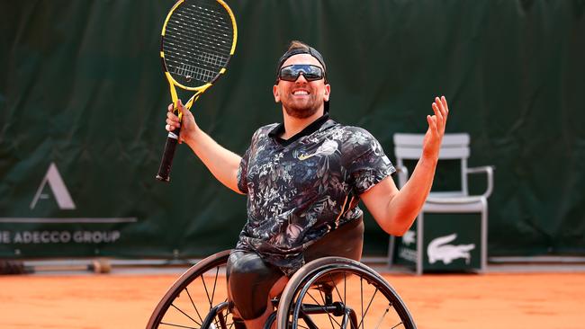 Dylan Alcott celebrates his French Open win. Picture: Getty Images