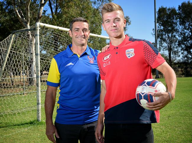 Adelaide United's Riley McGree with his first coach Chris Hodgson at Gawler Eagles, Evanston Gardens. picture: Bianca De Marchi