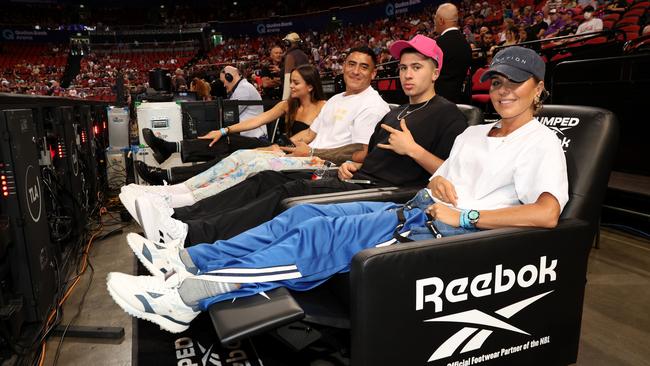 (L-R) Jamie Clark, Jordan Simi, Justice Single and Pip Edwards at the round three NBL match between Sydney Kings and Perth Wildcats this week. Photo: Getty.