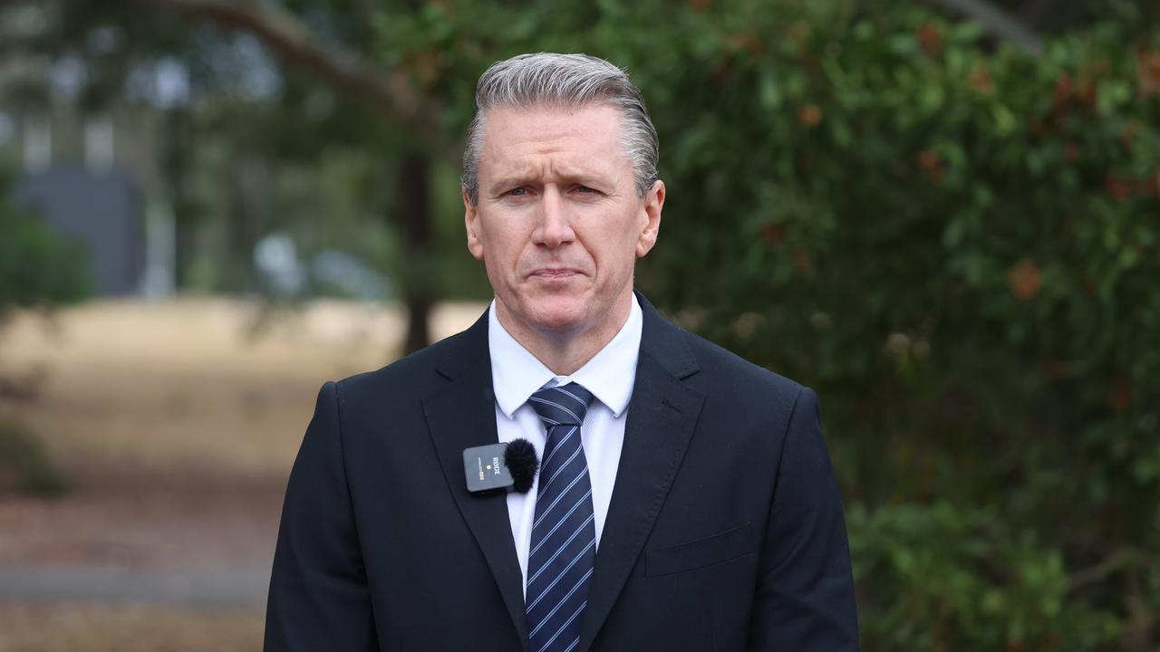 Detective Acting Superintendent Mark Hatt speaks at a press conference at Mount Clear Scout Hall. Picture: Brendan Beckett