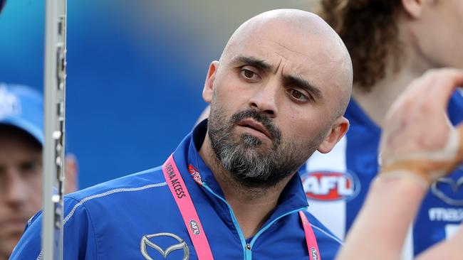 HOBART, AUSTRALIA - AUGUST 24: Kangaroos coach Rhyce Shaw speaks to his players at the break during the round 23 AFL match between the North Melbourne Kangaroos and the Melbourne Demons at Blundstone Arena on August 24, 2019 in Hobart, Australia. (Photo by Robert Cianflone/Getty Images)