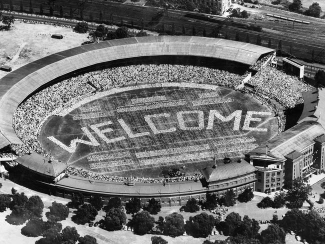 Children’s display to welcome Queen Elizabeth II to Melbourne at the MCG in 1954. Picture: HWT Library.