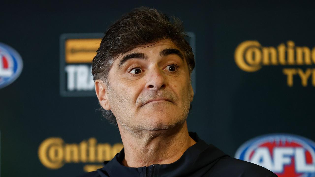 MELBOURNE, AUSTRALIA - OCTOBER 09: Adrian Dodoro, General Manager - List &amp; Recruiting of the Bombers speaks with media during the 2023 Continental Tyres AFL Trade Period at Marvel Stadium on October 09, 2023 in Melbourne, Australia. (Photo by Michael Willson/AFL Photos via Getty Images)