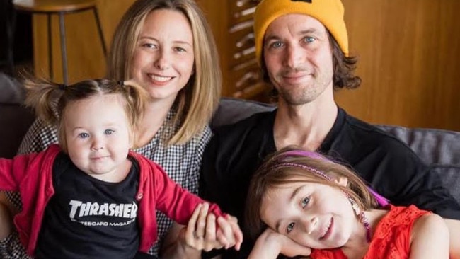 Melanie McInnes with husband, Steve, and children Trixie, 7 and Violet, 1. Mel passed away from bowel cancer, aged just 35.