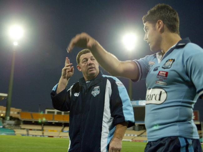 Former NSW coach and player: Phil Gould with Trent Barrett in 2004. Picture: Brett Costello