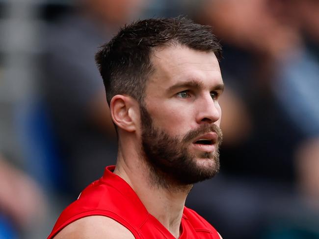 HOBART, AUSTRALIA - AUGUST 6: Joel Smith of the Demons looks on during the 2023 AFL Round 21 match between the North Melbourne Kangaroos and the Melbourne Demons at Blundstone Arena on August 6, 2023 in Hobart, Australia. (Photo by Dylan Burns/AFL Photos)