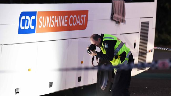 Police at the scene of a fatal bus crash in Buderim. Picture: Patrick Woods.