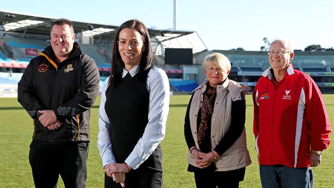 AFL Tasmania CEO, second from left, at Blundstone Arena with TSL club presidents, from left, Paul Gadomski (Tigers, Julie Kay (Lauderdale) and Roger Viney (Clarence). Picture: SAM ROSEWARNE