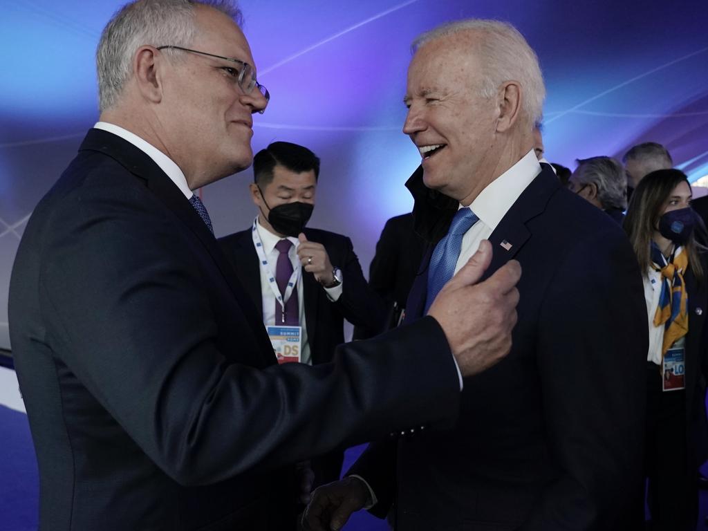 Joe Biden with outgoing PM Scott Morrison has congratulated Anthony Albanese. Picture: Adam Taylor