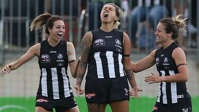 Moana Hope celebrates her first goal for Collingwood. Picture: Wayne Ludbey