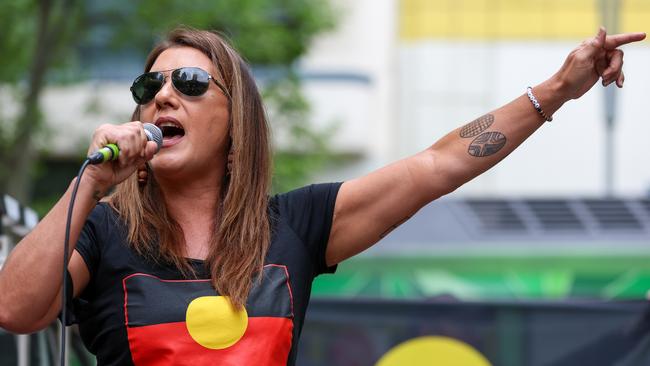 Lidia Thorpe addresses a Stop Black Deaths In Custody rally, held against the backdrop of the voice referendum. Picture: Getty Images