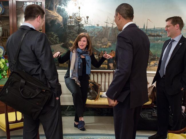 President Obama jokes with Alyssa Mastromonaco, senior adviser Dan Pfeiffer and Press Secretary Jay Carney in the Diplomatic Reception Room of the White House in 2013. Picture: Official White House Photo by Pete Souza