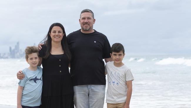 Rita and Steve Taylor and children, Tom, 7, and Lucas, 9, moved to the Gold Coast from Melbourne in December last year and love life at Palm Beach. Picture: Russell Shakespeare