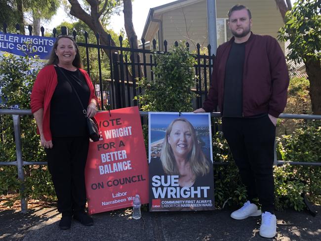 Labor candidates Sue Wright and Ryan O'Sullivan at Wheeler Heights Public School handing out flyers for the Northern Beaches Council election. Picture: Jim O’Rourke