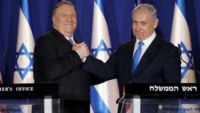 U.S. Secretary of State Mike Pompeo with Benjamin Netanyahu, during their visit to Netanyahu's official residence in Jerusalem on Thursday. Picture: AP.