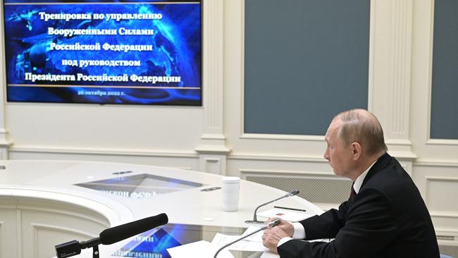 Vladimir Putin oversees the training of the strategic deterrence forces, troops responsible for responding to threats of nuclear war, via a video link in Moscow. Picture: Alexei Babushkin / Sputnik / AFP.