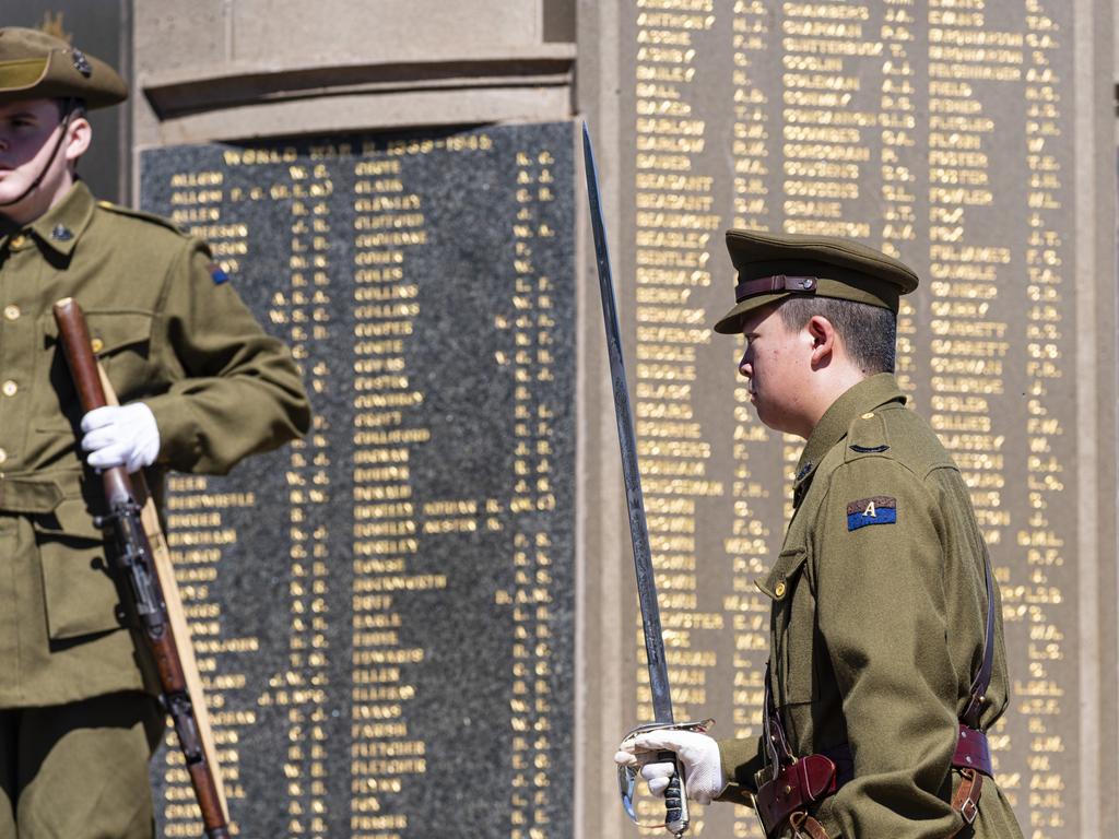 Changing of The Vigil by Toowoomba Grammar School Honour Guard during the Anzac Day mid-morning service at the Mothers' Memorial, Thursday, April 25, 2024. Picture: Kevin Farmer