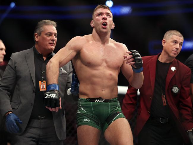 Dricus Du Plessis reacts after defeating Darren Till in a middleweight fight at UFC 282. Picture: Getty Images