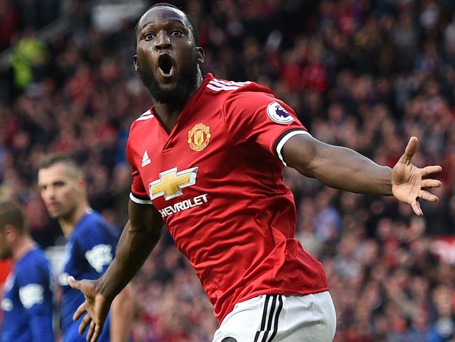 Manchester United's Belgian striker Romelu Lukaku celebrates after scoring against Everton at Old Trafford.