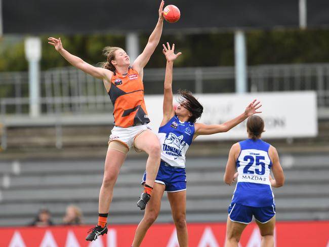 Jessica Allan of the Giants contests the ball during the Round 2 AFLW match between the North Melbourne Kangaroos and the GWS Giants at UTAS Stadium. Picture: STEVE BELL/GETTY IMAGES