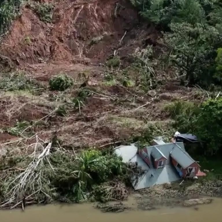 Upper Wilsons Creek resident Jens Forrest's home toppled down a hill after the foundations were swept away in a landslide during the northern NSW flood. Photo: ABC News