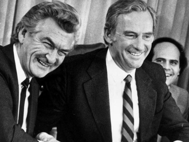 Bob Hawke with Bill Hayden after winning leadership of Australian Labor Party in 1983 – but he wasn’t smiling when Hayden became leader in 1979.