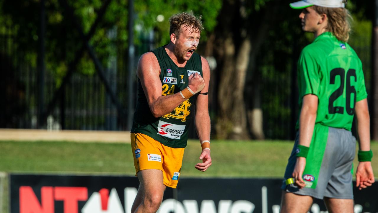 Jackson Calder celebrating a goal for St Mary's against the Tiwi Bombers in Round 6 of the 2024-25 NTFL season. Picture: Pema Tamang Pakhrin